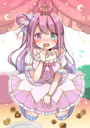 Rule 34 | 1girl, aqua eyes, blush, bracelet, candy hair ornament, checkerboard cookie, commentary, cookie, crescent, crown, crying, crying with eyes open, dress, food, food-themed hair ornament, from above, hair ornament, hair rings, heart-shaped food, heterochromia, highres, himemori luna, himemori luna (1st costume), hololive, jewelry, kneeling, long hair, looking at viewer, nose blush, open mouth, pink dress, pink eyes, pink hair, princess, solo, star (symbol), tears, toru nagase, virtual youtuber