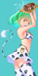 Rule 34 | 1girl, animal print, arms up, bikini, breasts, commentary, cow print, cow tail, cowboy shot, food, from side, green hair, halterneck, holding, holding tray, jj (ssspulse), looking at viewer, macross, macross frontier, medium breasts, miniskirt, open mouth, print bikini, print skirt, print thighhighs, ranka lee, short hair, simple background, skirt, smile, solo, standing, steak, string bikini, swimsuit, tail, thighhighs, tray, white skirt, white thighhighs, yellow eyes