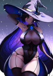 Rule 34 | 1girl, absurdres, arm over head, black hair, blue hair, breasts, broken horn, cleavage, colored inner hair, curvy, demon girl, demon horns, earrings, elbow gloves, ellier23, gloves, glowing, glowing eyes, hat, highres, hololive, hololive english, horns, horns through headwear, jewelry, large breasts, leotard, long hair, looking at viewer, multicolored hair, navel, nerissa ravencroft, pink eyes, see-through, solo, star (symbol), star earrings, starry background, thick thighs, thighhighs, thighs, very long hair, virtual youtuber, wide hips, witch, witch hat