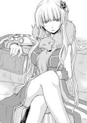 Rule 34 | 1girl, animal, animal around neck, blunt bangs, book, braid, breasts, celia alde, commentary request, crossed legs, detached sleeves, dress, feet out of frame, fox, french braid, greyscale, hair ornament, heart, heart hair ornament, holding, holding book, long hair, looking at viewer, medium breasts, monochrome, parted lips, professor (ragnarok online), ragfes, ragnarok online, sitting, sleeveless, sleeveless dress, solo, striped sleeves, yuuki tokito
