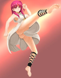 Rule 34 | 1girl, angry, anklet, ass, bare legs, barefoot, blush, breasts, clenched hand, clenched hands, dress, feet, female focus, fighting stance, frown, full body, highres, hirono (final square), jewelry, kicking, long hair, magi the labyrinth of magic, morgiana, necklace, no bra, no panties, red eyes, red hair, sideboob, soles, solo, toes