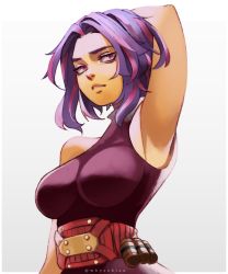 Rule 34 | 1girl, arm behind head, arm up, artist name, boku no hero academia, gradient background, highres, lady nagant, looking to the side, multicolored hair, outside border, parted lips, pink eyes, pink hair, purple hair, short hair, simple background, skin tight, sleeveless, solo, twitter username, upper body, whysoblau