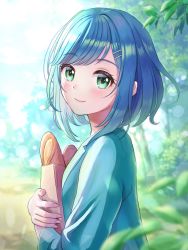 Rule 34 | baguette, blue hair, blue jacket, bread, day, delicious party precure, food, fuwa kokone, grass, green eyes, hair ornament, hairclip, hana (pixiv75985053), highres, jacket, lips, long sleeves, looking at viewer, medium hair, nature, outdoors, precure, shirt, smile, sunlight, tree, upper body, white shirt