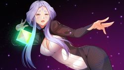Rule 34 | 1girl, :o, bodysuit, breasts, caroline barraclough, cleavage, facepaint, female focus, game cg, gem, glowing, gradient background, hands up, jewelry, large breasts, leaning forward, legs, light purple hair, looking at viewer, open mouth, original, outstretched arm, pero, re:d cherish, short hair with long locks, sidelocks, simple background, smile, solo, thick eyebrows, thighs, yellow eyes