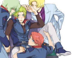 Rule 34 | 00s, 2boys, 4boys, arm up, belt, blonde hair, blue eyes, blush, boots, buckle, clotho buer, coat, crotch grab, embarrassed, formal, gang rape, green eyes, green hair, groping, gundam, gundam seed, holding another&#039;s wrist, holding legs, jacket, kiss, kissing hand, leg grab, looking at viewer, looking back, male focus, multiple boys, muruta azrael, naughty face, necktie, one eye closed, open mouth, orga sabnak, rape, red eyes, red hair, restrained, shani andras, short hair, sitting, spread legs, struggling, suit, tongue, tongue out, tuxedo, undressing, uniform, wink, yaoi