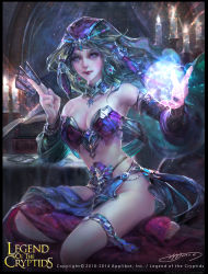 Rule 34 | 1girl, book, breasts, candle, card, cleavage, copyright name, dated, electricity, green hair, harem outfit, highres, legend of the cryptids, lipstick, long hair, magic, makeup, midriff, nail polish, official art, purple eyes, sitting, solo, veil, yu-han chen