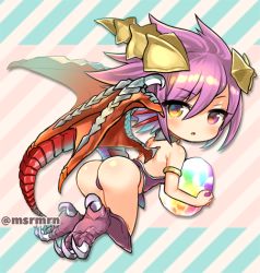 Rule 34 | 1girl, :o, armlet, armor, ass, back, backless outfit, bad id, bad pixiv id, bare shoulders, blush, claws, commentary request, detached collar, dragon girl, dragon horns, dragon tail, dragon wings, full body, heterochromia, holding, horns, looking at viewer, looking back, mashiro miru, parted lips, purple eyes, purple hair, puzzle &amp; dragons, scales, solo, sonia (p&amp;d), tail, twitter username, wings, yellow eyes