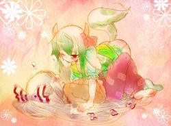 Rule 34 | 2girls, all fours, bad id, bad pixiv id, barefoot, blush, ex-keine, eye contact, female focus, fujiwara no mokou, green hair, hand on another&#039;s cheek, hand on another&#039;s face, heart, horns, jpeg artifacts, kamishirasawa keine, long hair, looking at another, multiple girls, one eye closed, panties, panty pull, red eyes, ribbon, spoken heart, tail, tail wagging, takamura, touhou, underwear, wince, yuri