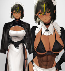 Rule 34 | 1girl, abs, absurdres, apron, bikini, black hair, blonde hair, breasts, choker, commentary, covered navel, dark-skinned female, dark skin, dress, english commentary, gloves, grey background, hair between eyes, highres, j.moon, jacket, large breasts, lilith (lilycious), looking at viewer, maid, maid apron, maid bikini, maid headdress, mole, mole on breast, mole under mouth, multicolored hair, muscular, muscular female, original, pointy ears, short hair, simple background, smile, solo, streaked hair, swimsuit, two-tone hair, unconventional maid, watermark, yellow eyes