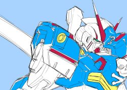 Rule 34 | blue background, blue eyes, close-up, crossbone gundam, crossbone gundam x-3, gundam, highres, kuroiwa cookie, looking down, mecha, no humans, robot, sketch, skull and crossbones, solo, v-fin