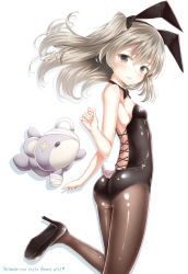 Rule 34 | 10s, 1girl, alternate costume, animal ears, ass, back, bandages, bare shoulders, black bow, black bowtie, black footwear, black leotard, black pantyhose, blush, bow, bowtie, closed mouth, cross-laced clothes, fake animal ears, floating hair, from side, girls und panzer, grey eyes, hair between eyes, hair bow, hairband, high heels, highres, jumping, leg up, leotard, light frown, long hair, looking at viewer, pantyhose, playboy bunny, rabbit ears, rabbit tail, shimada arisu, shoes, silver hair, simple background, solo, strapless, strapless leotard, stuffed animal, stuffed toy, tail, teddy bear, two side up, white background, yuuki suzu (suzuk yuki)