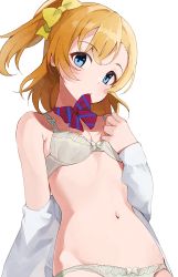 Rule 34 | 1girl, blue eyes, bow, bow bra, bow panties, bra, breasts, hair bow, hiroki (yyqw7151), kosaka honoka, love live!, love live! school idol project, mouth hold, navel, one side up, orange hair, panties, simple background, small breasts, solo, striped, striped bow, underwear, white background, white bra, white panties, yellow bow