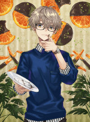Rule 34 | 1boy, black-framed eyewear, black pants, blue shirt, breast pocket, chocolate, chocolate on hand, collared shirt, earrings, food, food-themed background, food on hand, fruit, glasses, grey hair, hair between eyes, highres, holding, holding plate, jewelry, licking, licking finger, looking at viewer, male focus, mito itsuki, mixed-language commentary, orange (fruit), orange slice, orangette, original, pants, patterned background, pistachio, plant, plate, pocket, shirt, short hair, single earring, solo, striped clothes, striped shirt, stud earrings, sweater, thumbs up, tongue, tongue out, upper body, watch, white shirt, wristwatch, yellow eyes