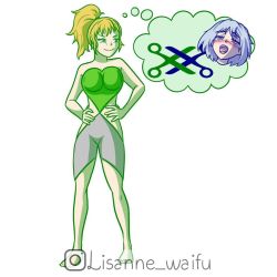 Rule 34 | 1girl, bare arms, colored skin, green skin, hands on own hips, lisanne waifu, looking to the side, orange hair, original, ponytail, shorts, sleeveless, tagme, thought bubble, white background