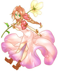 Rule 34 | 1girl, aerith gainsborough, bangle, boots, bracelet, braid, braided ponytail, brown footwear, brown hair, cropped jacket, curly hair, dress, final fantasy, final fantasy vii, floral dress, flower, full body, green eyes, hair ribbon, holding, holding flower, jacket, jewelry, long dress, long hair, looking at viewer, male focus, parted bangs, pink dress, pink ribbon, red jacket, ribbon, short sleeves, sidelocks, smile, solo, square enix, torimeiro, white background, yellow flower
