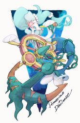 Rule 34 | anchor, beads, blue eyes, chain, character name, closed mouth, colored eyelashes, commentary request, creatures (company), dhelmise, floating hair, game freak, gen 7 pokemon, highres, holding, nigiri (ngr24), nintendo, orange eyes, pokemon, pokemon (creature), primarina, single eye, smile, spyglass, white background