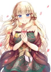 Rule 34 | 1girl, absurdres, bare shoulders, bead necklace, beads, blonde hair, blue eyes, blunt bangs, blush, bow, box, collarbone, dress, elf, floral print, gift, gift box, green dress, hair bow, highres, holding, holding gift, i tamima, jewelry, long hair, looking at viewer, necklace, official alternate costume, petals, pointy ears, princess connect!, print dress, red shawl, saren (christmas) (princess connect!), saren (princess connect!), shawl, sidelocks, simple background, smile, solo, strapless, strapless dress, striped, striped bow, white background