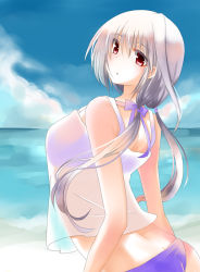 Rule 34 | 1girl, :o, alternate hairstyle, bad id, bad pixiv id, beach, bikini, bikini under clothes, bow, breasts, cloud, day, from behind, hair bow, horizon, large breasts, looking back, lyrical nanoha, mahou shoujo lyrical nanoha, mahou shoujo lyrical nanoha a&#039;s, mikaze, ocean, outdoors, red eyes, reinforce, see-through, silver hair, sky, solo, swimsuit, swimsuit under clothes, twintails