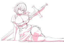 Rule 34 | 1girl, anchor choker, arm support, azur lane, blush, breasts, choker, cleavage, frilled choker, frills, hair between eyes, hairband, head tilt, holding, holding sword, holding weapon, lace-trimmed hairband, lace trim, large breasts, loliconder, looking at viewer, monochrome, open mouth, puffy sleeves, ribbon-trimmed legwear, ribbon trim, short hair, short sleeves, sidelocks, simple background, sirius (azur lane), solo, sword, thighhighs, weapon, white background