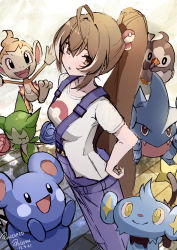 Rule 34 | 1girl, :o, ahoge, azurill, blue overalls, brown eyes, brown hair, chimchar, cosplay, creatures (company), dawn (pokemon), dawn (pokemon) (cosplay), fire, flower, from above, game freak, gen 3 pokemon, gen 4 pokemon, gible, hand on own hip, highres, hololive, hololive english, long hair, looking at viewer, multicolored hair, nanashi mumei, nintendo, official alternate costume, overalls, poke ball, poke ball hair ornament, poke ball print, pokemon, pokemon bdsp, ponytail, punished pigeon, roselia (pokemon), shinx, shirt, sketch, starly, streaked hair, t-shirt, very long hair, virtual youtuber, white shirt