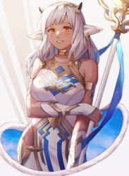 Rule 34 | 1girl, ai tkkm, animal ears, ash (fire emblem), bare shoulders, bell, black horns, blush, breasts, brown eyes, choker, collarbone, cow ears, cow girl, cow horns, dark-skinned female, dark skin, fire emblem, fire emblem heroes, gloves, holding, holding staff, horns, large breasts, long hair, looking at viewer, nintendo, pants, piercing, smile, solo, staff, tail, tight clothes, tight pants, white hair
