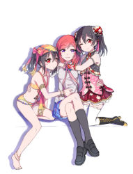 Rule 34 | 10s, 2girls, black hair, blush, bow, bowtie, cardigan, couple, eye contact, height difference, hug, long hair, long sleeves, looking at another, love live!, love live! school idol project, multiple girls, nishikino maki, plaid, plaid skirt, pleated skirt, purple eyes, red eyes, red hair, school uniform, shirt, short hair, short sleeves, simple background, skirt, smile, striped, sweater vest, swept bangs, twintails, white background, white shirt, yazawa nico, yuri