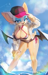 Rule 34 | 1girl, absurdres, animal ears, bat wings, bikini, black bikini, blue eyes, blue sky, breasts, cleavage, cloud, day, furry, furry female, hand on own thigh, hat, highres, large breasts, looking at viewer, low wings, ocean, open mouth, rouge the bat, sky, smile, solo, sonic (series), standing, swimsuit, wet, wings, yuio58ok