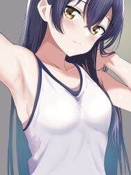 Rule 34 | 1girl, armpits, blue hair, blush, borgbutler, breasts, commentary, gradient background, gradient hair, grey background, hair between eyes, highres, long hair, looking at viewer, love live!, love live! school idol project, medium breasts, multicolored hair, presenting armpit, shirt, sideboob, simple background, sleeveless, sleeveless shirt, solo, sonoda umi, upper body, white shirt, yellow eyes