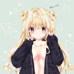 Rule 34 | 1girl, bad id, bad pixiv id, black jacket, blonde hair, blush, breasts, closed mouth, coat, collarbone, commentary request, double bun, green background, hair between eyes, hair bun, hands up, hood, hood down, hooded jacket, jacket, long hair, long sleeves, looking at viewer, medium breasts, naked coat, nanase nao, open clothes, open jacket, original, red eyes, sleeves past wrists, solo, twitter username, upper body, very long hair, wavy mouth