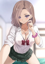 Rule 34 | 1girl, blush, breasts, brown eyes, brown hair, cleavage, commentary request, jewelry, kesoshirou, large breasts, long hair, looking at viewer, necklace, necktie, original, pleated skirt, school uniform, skirt, smile, solo, sweatdrop