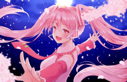 Rule 34 | 1girl, cherry blossoms, detached sleeves, full moon, hair ornament, hatsune miku, head wings, long hair, long sleeves, looking at viewer, moon, natsu (natume0504), necktie, night, open mouth, outstretched arms, petals, pink eyes, pink hair, sakura miku, shirt, sky, smile, solo, twintails, upper body, very long hair, vocaloid, wide sleeves, wings