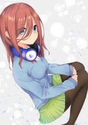 Rule 34 | 1girl, absurdres, blue cardigan, blue eyes, breasts, brown hair, cardigan, closed mouth, commentary request, feet out of frame, go-toubun no hanayome, green skirt, hair between eyes, headphones, headphones around neck, highres, hijouguti, legs, long hair, long sleeves, looking at viewer, medium breasts, nakano miku, pantyhose, school uniform, seiza, shirt, sitting, skirt, smile, solo, thighs, white shirt