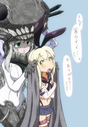 Rule 34 | 10s, 2girls, abyssal ship, blonde hair, bodysuit, elbow gloves, gloves, green eyes, kani club, kantai collection, multiple girls, personification, runny nose, shimakaze (kancolle), silver hair, snot, thighhighs, translation request, wo-class aircraft carrier