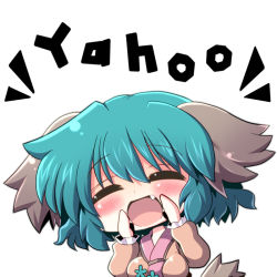 Rule 34 | 1girl, 53, ^ ^, animal ears, blush, breasts, brown dress, chibi, closed eyes, dress, fang, female focus, green hair, hands on own face, kasodani kyouko, open mouth, simple background, solo, touhou, upper body, white background