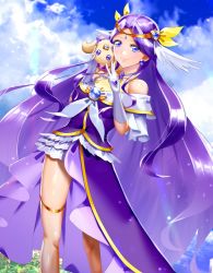 Rule 34 | 1girl, bare shoulders, blue sky, breasts, brooch, cloud, cloudy sky, cure earth, curecycadura, day, dog, dress, earrings, elbow gloves, eyebrows, forehead, fuurin asumi, gloves, grass, halterneck, healin&#039; good precure, healing animal, highres, jewelry, latte (precure), lips, looking at viewer, medium breasts, necklace, outdoors, precure, purple dress, purple eyes, purple hair, sky, smile, standing, tiara, white gloves, wristband