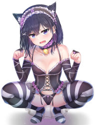Rule 34 | 1girl, :o, absurdres, adagaki aki, animal ear fluff, animal ears, bare shoulders, bell, black hair, black panties, blue eyes, blush, breasts, breasts apart, bridal gauntlets, bustier, collarbone, cross-laced clothes, detached collar, fang, flower, full body, hair ornament, hairclip, hands up, headdress, highres, jingle bell, lingerie, looking at viewer, masamune-kun no revenge, medium hair, navel, panties, paw pose, purple flower, revision, rose, see-through, shadow, sidelocks, simple background, small breasts, solo, squatting, striped clothes, striped thighhighs, sunhyun, teeth, thighhighs, underwear, underwear only, v-shaped eyebrows, white background