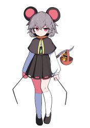 Rule 34 | 1girl, absurdres, animal ears, bar censor, basket, black capelet, black footwear, bright pupils, capelet, censored, closed mouth, dowsing rod, full body, grey hair, hh, highres, holding, jerry (tom and jerry), long sleeves, looking at viewer, mouse (animal), mouse ears, mouse tail, nazrin, red eyes, short hair, simple background, standing, tail, tom and jerry, touhou, white background, white legwear, white pupils