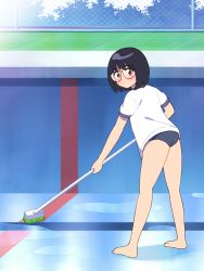 Rule 34 | 1girl, aragon honnin, bare legs, barefoot, black hair, blush, cleaning brush, day, empty pool, from behind, full body, glasses, grey eyes, gym uniform, highres, looking at viewer, looking back, medium hair, original, outdoors, pool, shirt, short sleeves, solo, standing, tree, water, white shirt