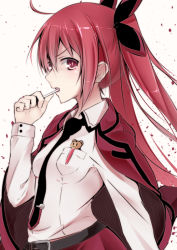 Rule 34 | 10s, 1girl, ahoge, candy, date a live, food, itsuka kotori, lollipop, long hair, looking at viewer, necktie, red eyes, red hair, school uniform, solo, suishin tenra, suitenjh, twintails