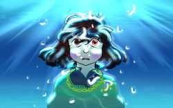 Rule 34 | 1other, blush, bubble, chara (undertale), commentary, hair between eyes, heart, heart necklace, jewelry, locket, necklace, open mouth, pendant, red eyes, sixtyphases, solo, sparkle, spoilers, sweater, undertale, underwater, upper body, water, wide-eyed