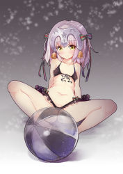 Rule 34 | 1girl, arms behind back, ball, bare shoulders, beachball, bell, bikini, black bikini, blush, bow, breasts, closed mouth, covered erect nipples, dango (dangowalolicon), fate/grand order, fate (series), frilled bikini, frills, front-tie bikini top, front-tie top, full body, hair bell, hair bow, hair ornament, halterneck, headpiece, highres, jeanne d&#039;arc (fate), jeanne d&#039;arc alter (fate), jeanne d&#039;arc alter santa lily (fate), looking at viewer, navel, silver hair, sitting, small breasts, solo, spread legs, striped, striped bow, swimsuit, yellow eyes