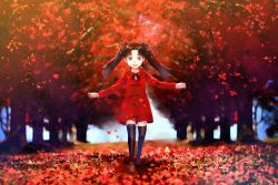 Rule 34 | 1girl, autumn, bad id, bad pixiv id, black hair, black thighhighs, blue eyes, child, coat, fate/zero, fate (series), faux traditional media, forest, hair ribbon, highres, long hair, nature, ribbon, solo, suizhiqi, thighhighs, tohsaka rin, twintails, aged down, zettai ryouiki