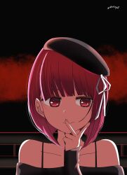 Rule 34 | 1girl, achermy18, arima kana, beret, black shirt, bob cut, closed mouth, finger to mouth, hat, highres, inverted bob, looking to the side, oshi no ko, red eyes, red hair, shirt, short hair, smile, solo, upper body