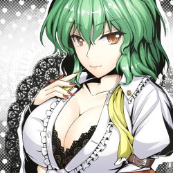 Rule 34 | 1girl, arm belt, black bra, blouse, bra, breasts, cleavage, collarbone, finger to mouth, fingernails, from side, front-tie top, green hair, hand on own chest, kazami yuuka, large breasts, lipstick, long fingernails, looking at viewer, makeup, red eyes, seductive smile, shirt, smile, solo, touhou, underwear, white shirt, y2