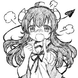 Rule 34 | 1girl, ahoge, angry, blush, clenched hand, commentary, demon girl, demon horns, demon tail, fang, floating hair, hair between eyes, hand up, highres, horns, index finger raised, long hair, looking at viewer, machikado mazoku, monochrome, nose blush, open mouth, pointing, pointing at viewer, puff of air, school uniform, simple background, sketch, skin fang, solo, straight-on, tail, tail raised, tareme, tears, tragicrhyme, upper body, v-shaped eyebrows, white background, yoshida yuuko (machikado mazoku)