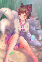 Rule 34 | 1girl, ahri (league of legends), alternate hair color, alternate hairstyle, animal ears, bamboo, bamboo forest, bare legs, barefoot, between legs, blush, brown hair, collarbone, dappled sunlight, dynasty ahri, energy ball, facial mark, food-themed hair ornament, forest, fox ears, fox girl, fox tail, hair ornament, hair ribbon, hair stick, hair up, hand between legs, highres, japanese clothes, jay xu, korean clothes, leaf, league of legends, long sleeves, looking at viewer, multiple tails, nature, official alternate costume, outdoors, pink skirt, ribbon, short hair, signature, sitting, sitting on stairs, skirt, slit pupils, solo, stairs, sunlight, tail, whisker markings, yellow eyes