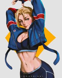 Rule 34 | 1girl, blonde hair, breasts, cammy white, cleavage, crop top, cropped jacket, green eyes, highres, large breasts, lips, long sleeves, midriff, navel, pants, parted lips, ramandraws, scar, scar on face, seductive smile, short hair, smile, street fighter, street fighter 6, toned