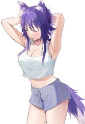 Rule 34 | 1girl, absurdres, animal ear fluff, animal ears, armpits, arms behind head, arms up, blush, breasts, closed eyes, highres, large breasts, makoto (princess connect!), medium hair, princess connect!, purple hair, sidelocks, solo, tail, thighs, tying hair, white background, wolf ears, wolf girl, wolf tail, yamabuki0
