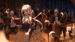 Rule 34 | 1girl, black choker, black dress, black jacket, black pants, black sleeves, blue eyes, blue flower, blue neckwear, blue rose, blurry, blurry background, blurry foreground, bone wings, book, bow, bow (music), bowtie, burning, candle, cello, chair, choker, collared dress, collared shirt, commentary request, depth of field, detached sleeves, dress, dress shirt, fire, flower, grand piano, highres, holding, holding book, holding instrument, holding violin, indoors, instrument, instrument request, jacket, ji dao ji, long hair, long sleeves, low twintails, on chair, one eye covered, open book, open clothes, open jacket, open mouth, original, pants, piano, rose, shirt, sitting, skeleton, sleeveless, sleeveless dress, solo focus, spread legs, twintails, very long hair, violin, white hair, white shirt, white wings, wings, wooden floor