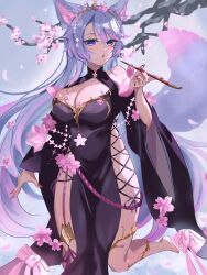 Rule 34 | 1girl, absurdres, animal ear fluff, animal ears, black kimono, black sleeves, blue eyes, blue hair, blush, breasts, cherry blossoms, chimanakoneko, cleavage, cleavage cutout, clothing cutout, commentary, detached sleeves, flower, hair flower, hair ornament, highres, hip vent, japanese clothes, kimono, large breasts, long hair, looking at viewer, multicolored hair, nail polish, open mouth, pink hair, red nails, silvervale, silvervale (sakura goddess), streaked hair, swept bangs, symbol-only commentary, tail, virtual youtuber, vshojo, wolf ears, wolf girl, wolf tail
